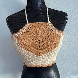 B•O•G Collective Unique Handmade Crochet Halter Crop Top In Natural Caramel